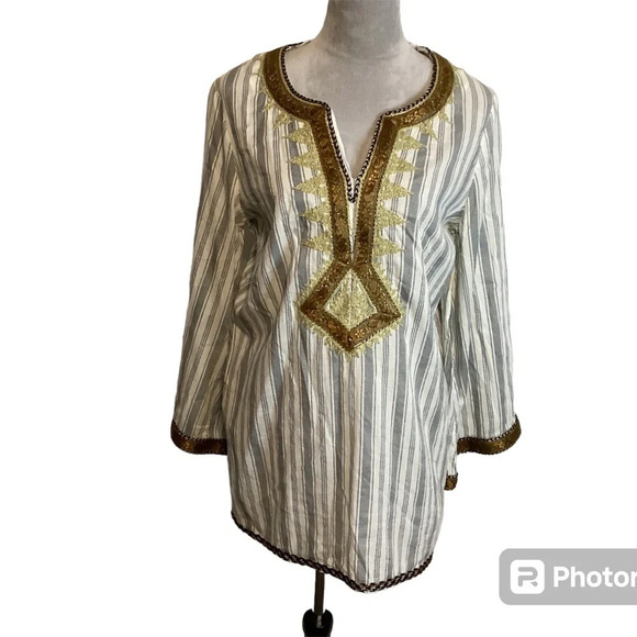 IRVING & FINE blouse womens Size M linen tunic boho hippee embroidered lag… - Picture 1 of 11